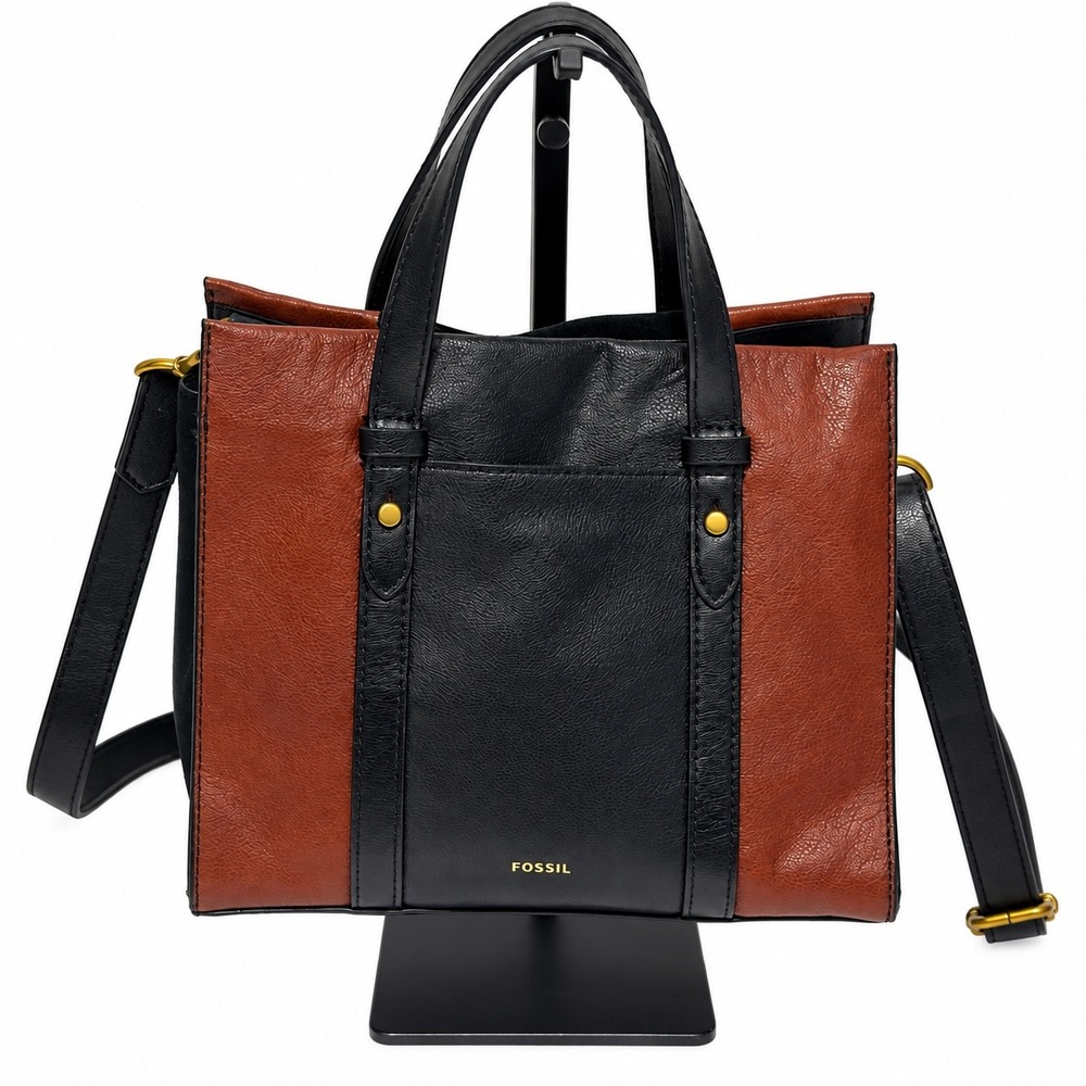 Fossil Kingston Satchel Leather/Suede Tote Bag Black Cognac Brown Crossbody Bag